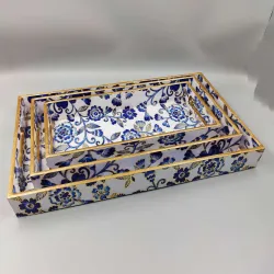 Blue Floral Wooden Serving Tray Set
