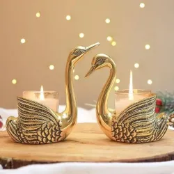 Gold Brass Swan Candle Holder Set