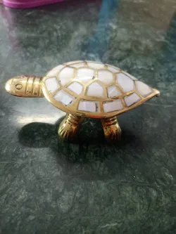 Handcrafted Brass Turtle Figurine with Mother of Pearl Inlay