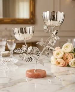 Handcrafted Decorative Floral Double Candle Holder with Marble Base
