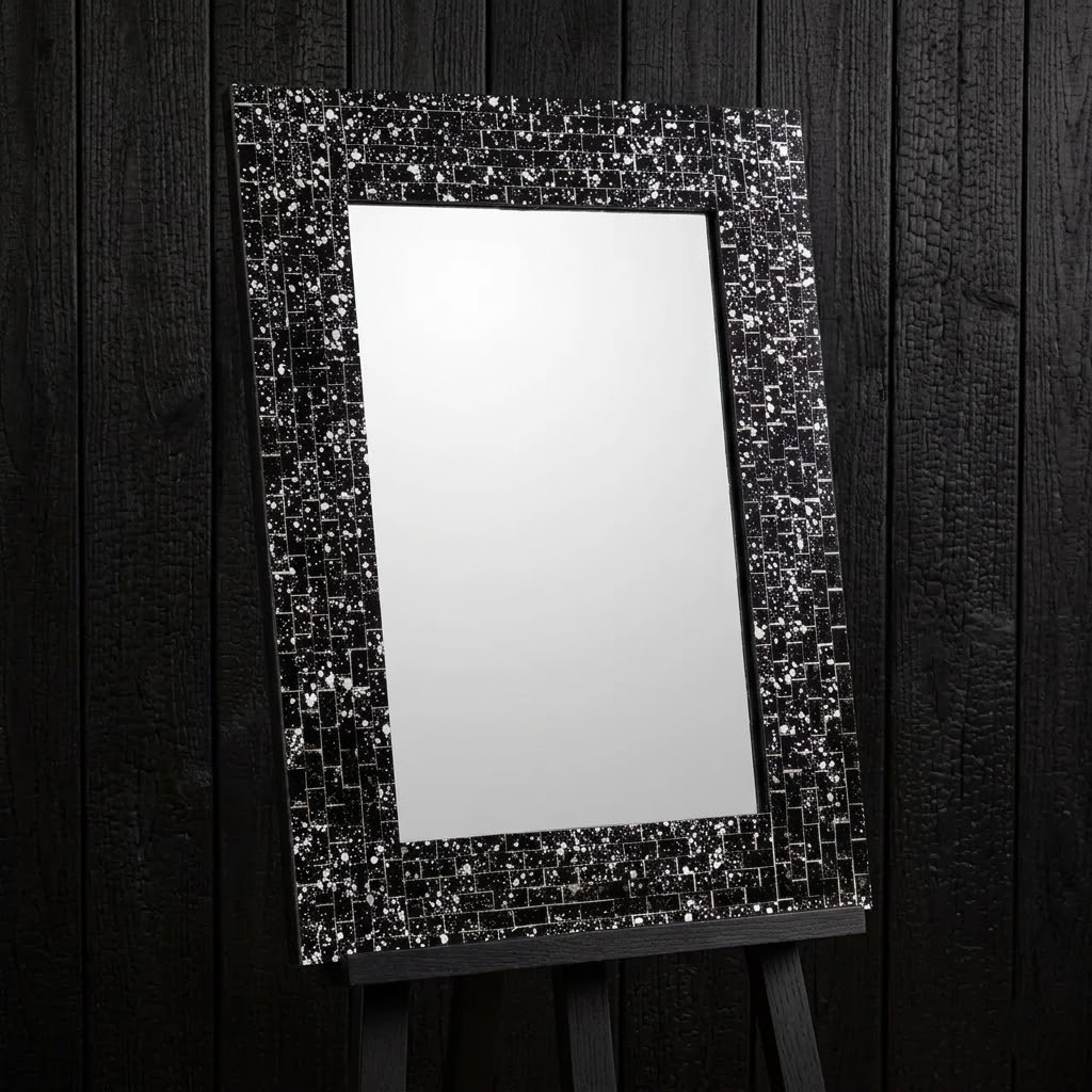 Black mosaic inlay photo frame with white geometric detailing